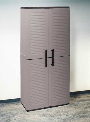 Dmora Outdoor-Schrank Clavier, Balkonschrank, Mehrzweckschrank mit Ablagen, 100 % Made in Italy, 68 x 37 x 163 cm, grau und schwarz, gestreiftes Finish von Dmora