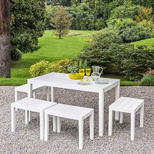 Dmora Outdoor-Set mit 1 rechteckigen Tisch 4 Bänke, Made in Italy, weiße Farbe von Dmora