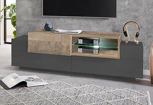 Dmora Pablo, niedriger Schrank für Wohnzimmer, TV-Ständer, 100% Made in Italy, 160 x 45 x 51 cm, Anthrazit und Ahorn von Dmora