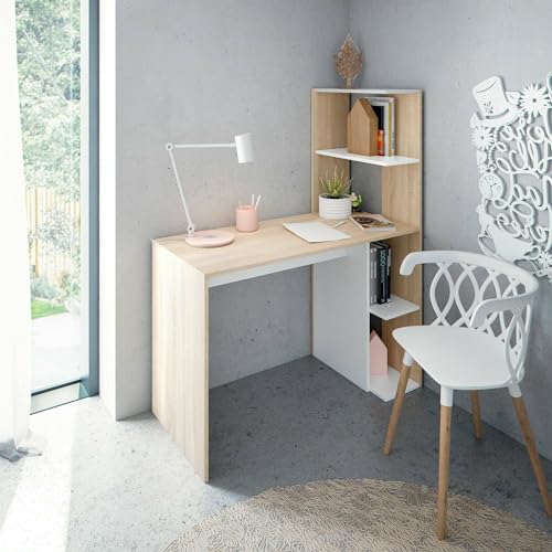 Dmora Peekskill, Linear Schreibtisch mit Bücherregal, Mehrzweck-Bürotisch, platzsparend, 110 x 52 x 136 cm, Weiß und Eiche von Dmora