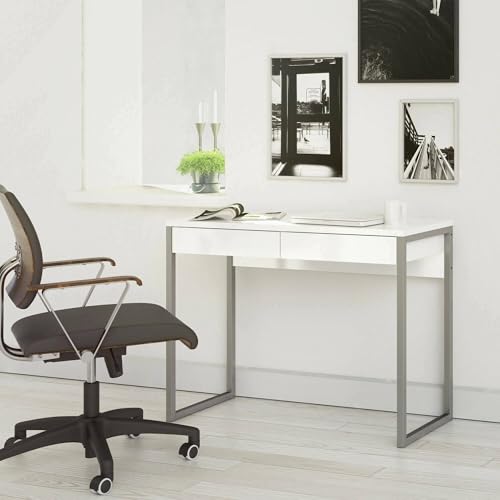 Dmora Pierrette Schreibtisch, Mehrzweck-Schreibtisch, PC-Tisch, Arbeitsplatte, 101 x 40 x 77 cm, weiß glänzend, Melaminspanplatte von Dmora