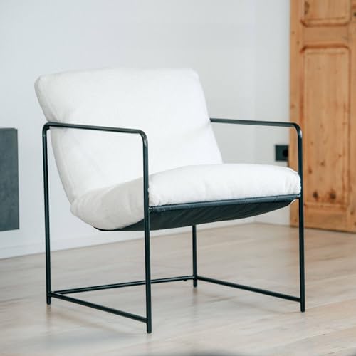 Dmora Poplar, Sessel mit Bouclé-Stoff bezogen, gepolsterter Stuhl, Sitz mit Armlehnen aus Metall, 61 x 67 x 75 cm, Weiß von Dmora