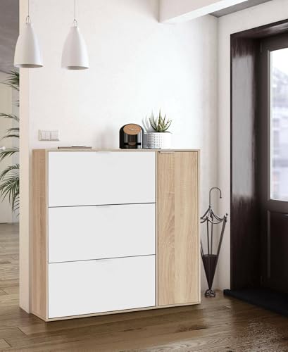 Dmora - Provo Schuhregal, Schuhschrank mit 4 Türen, Mehrzweck-Unterschrank mit 5 Regalen, modernes Schuhregal, 106 x 22 x 115 cm, Eiche und Weiß Dmora - Provo Schuhregal, Schuhschrank mit 4 Türen, Mehrzweck-Unterschrank mit 5 Regalen, modernes Schuhregal, 106 x 22 x 115 cm, Eiche und Weiß von Dmora