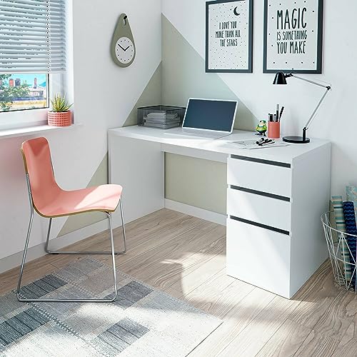 Dmora Reedsport, wendbarer Schreibtisch mit 3 Schubladen, platzsparender Bürotisch mit Mehreren Positionen, 138 x 60 x 74 cm, Weiß von Dmora