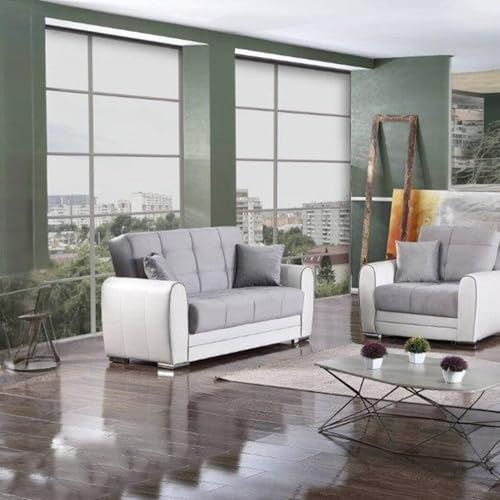 Dmora - Schlafsofa Pablito, Eck-Container-Schlafsofa aus Kunstleder und Stoff, Wohnzimmersofa mit klick-Klack-Öffnung und umkehrbarer Halbinsel, cm 163x84h91, Weiß und Grau von Dmora
