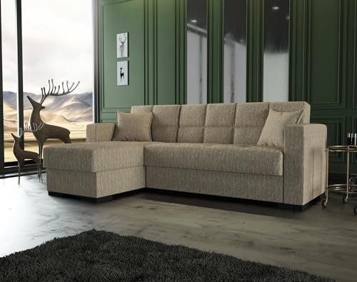 Dmora - Schlafsofa mit Halbinsel Fernando, Wende-Ecksofa, Wohnzimmersofa mit Chaiselongue und 2 Kissen, 230 x 150 x 81 cm, Beige Dmora - Schlafsofa mit Halbinsel Fernando, Wende-Ecksofa, Wohnzimmersofa mit Chaiselongue und 2 Kissen, 230 x 150 x 81 cm, Beige von Dmora