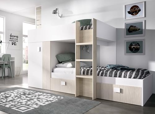 Dmora - Schlafzimmer Cevedale, Komplettes Schlafzimmer, Etagenbettkomposition mit Zwei Einzelbetten, 271 x 111 x 150 cm, Weiß und Eiche Dmora - Schlafzimmer Cevedale, Komplettes Schlafzimmer, Etagenbettkomposition mit Zwei Einzelbetten, 271 x 111 x 150 cm, Weiß und Eiche von Dmora