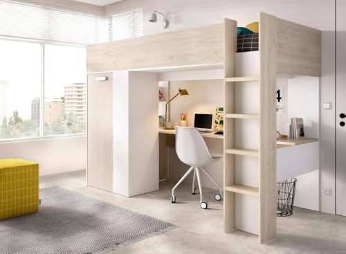 Dmora - Schlafzimmer Focoletta, Komplettes Schlafzimmer, Kinderzimmer, Loft-Bett Kit, 206x111 h178 cm, Weiß und Eiche von Dmora