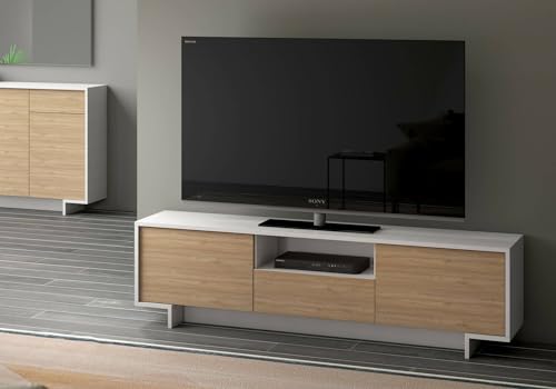 Dmora Schrank Andromeda, TV-Ständer für Wohnzimmer, Lowboard mit 2 Türen und 1 Schublade, 100% Made in Italy, 170 x 42 x 48 cm, Weiß und Eiche von Dmora
