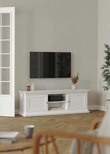 Dmora - Fernsehschrank Flavienne, Ständer für Wohnzimmerfernseher, Niedriges Wohnzimmer-Sideboard, TV-Ständerbasis, 149x42 h51 cm, Weiß Dmora - Fernsehschrank Flavienne, Ständer für Wohnzimmerfernseher, Niedriges Wohnzimmer-Sideboard, TV-Ständerbasis, 149x42 h51 cm, Weiß von Dmora