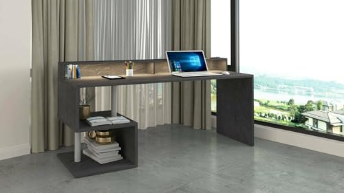 Dmora - Schreibtisch Alban, Linearer Schreibtisch mit Ablagefächern und LED-Leuchten, Mehrzweck-Büroschreibtisch mit Platte, 180x60h93 cm, Schiefer von Dmora
