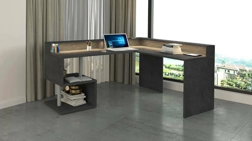Dmora - Schreibtisch Albert, Eckschreibtisch mit Ablagefächern und LED-Leuchten, Mehrzweck-Büroschreibtisch mit Platte, 180x92,5x160 cm, Schiefer Dmora - Schreibtisch Albert, Eckschreibtisch mit Ablagefächern und LED-Leuchten, Mehrzweck-Büroschreibtisch mit Platte, 180x92,5x160 cm, Schiefer von Dmora