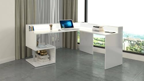 Dmora - Schreibtisch Albert, Eckschreibtisch mit Ablagefächern und LED-Leuchten, Mehrzweck-Büroschreibtisch mit Platte, 180x92,5x160 cm, Weiß Dmora - Schreibtisch Albert, Eckschreibtisch mit Ablagefächern und LED-Leuchten, Mehrzweck-Büroschreibtisch mit Platte, 180x92,5x160 cm, Weiß von Dmora
