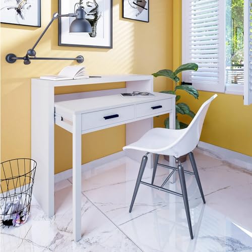 Dmora - Schreibtisch Billings, Schreibtisch mit ausziehbarer Platte, PC-Schreibtisch mit 2 Schubladen, 99x36h88 cm, glänzendes Weiß und Anthrazit von Dmora