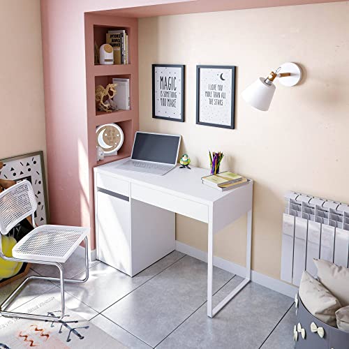 Dmora - Schreibtisch Charlotte, Wendeschreibtisch mit 2 Schubladen und 1 Tür, Arbeits- oder Bürotisch für PC, cm 108x50h75, Weiß von Dmora