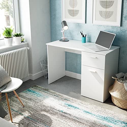 Dmora - Schreibtisch Mckinney, Schreibtisch mit 1 Schublade und 1 Tür, Arbeits- oder Bürotisch für PC, cm 108x50h73, Weiß von Dmora