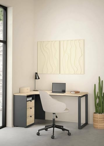 Dmora - Schreibtisch Noemie, Mehrzweckschreibtisch, Bürotisch für PC, Eckschreibtisch, 150x100 h76 cm, Eiche und Grau von Dmora