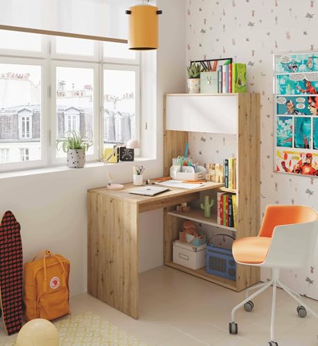 Dmora - Riverside-Schreibtisch, multifunktionaler umkehrbarer Eckschreibtisch mit Bücherregal, Arbeits- oder Bürotisch mit mehreren Positionen, 108 x 70 x 140 cm, weiße und geknotete Eiche von Dmora