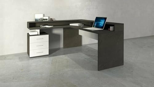 Dmora - Schreibtisch Salomone, Eckschreibtisch mit Platte, Mehrzweck-Büroschreibtisch, 180x90h160 cm, Weiß und Schiefer Dmora - Schreibtisch Salomone, Eckschreibtisch mit Platte, Mehrzweck-Büroschreibtisch, 180x90h160 cm, Weiß und Schiefer von Dmora