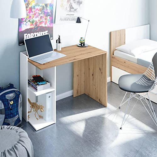 Dmora - Schreibtisch Tucson, Umschaltbarer Multipositions-Schreibtisch, Arbeits- oder Bürotisch für PC mit Regal und Ablagen, cm 100x52h78, Weiße und Eichenäste von Dmora