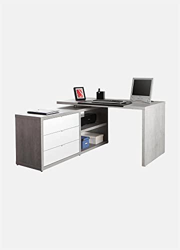 Dmora Schreibtisch mit Eckmontagemöglichkeit mit drei Schubladen und zwei Einlegeböden, weiß glänzend und Betonfarbe, 140 x 74,2 x 150 cm von Dmora