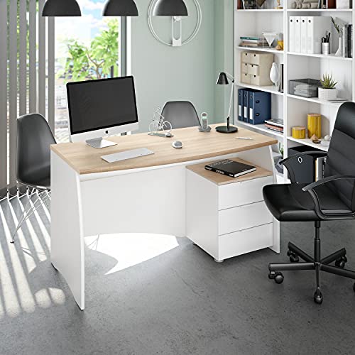 Dmora - Schreibtisch Carrollton, Schreibtisch, PC-Halter Studiertisch mit 3 Schubladen, cm 136x67h74, Weiß und Eiche von Dmora