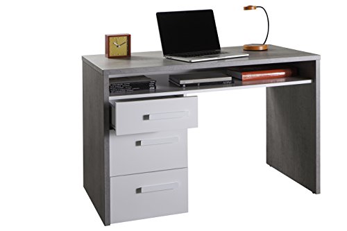 Dmora Schreibtisch mit Kommode mit drei Schubladen und einem Regal, Farbe Beton und Weiß, 110 x 77 x 60 cm von Dmora
