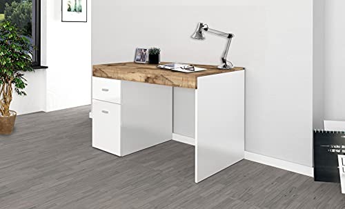 Dmora Schreibtisch mit Schubladen und Aufbewahrungsplatte, Made in Italy, Computertisch, PC-Schreibtisch, cm 100x60h75, glänzend weiß und Ahornfarbe von Dmora