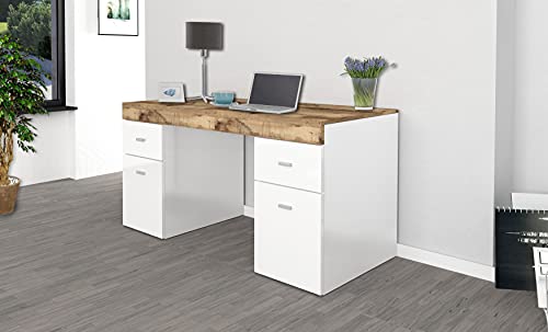 Dmora Schreibtisch mit Schubladen und Aufbewahrungsplatte, Made in Italy, Minimaler Tisch, PC-Schreibtisch, cm 130x60h75, glänzend weiß und Ahornfarbe von Dmora