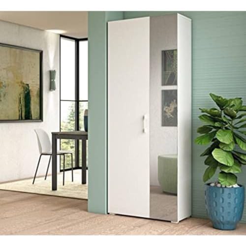 Dmora - Schuhregal Tarassaco, Mehrzweck-Eingangsmöbel mit Spiegeltür, Moderner Schuhschrank mit 6 Regalen, 100 % Made in Italy, 72 x 37 x 195 cm, Weiß, von Dmora