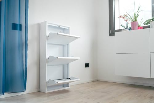 Dmora - Schuhschrank Alginet, Platzsparendes Schuhregal, Schuhregal für den Eingangsbereich, 3-türiges Schuhregal aus Metall, 50x15h103 cm, Weiß von Dmora