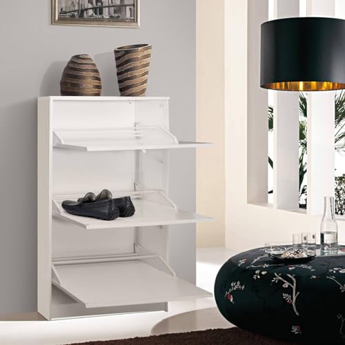 Dmora Schuhschrank mit DREI Türen und Klappen aus Holz, Farbe: Weiß, 62 x 18 x 114 cm von Dmora