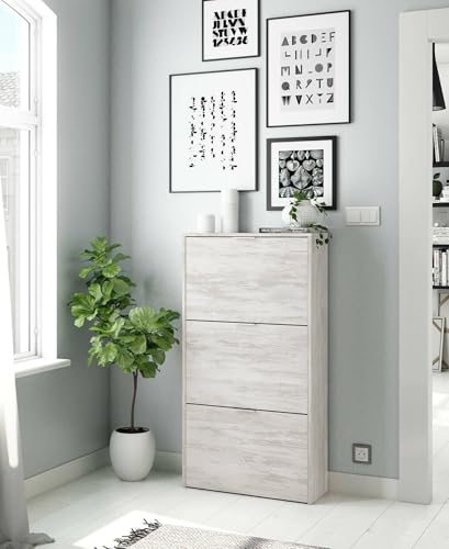 Dmora - Escondido Schuhregal, Schuhschrank mit 3 Falttüren, Schrank mit doppelter Kapazität für bis zu 18 Paar Schuhe, 60x22h113 cm, Weiß von Dmora