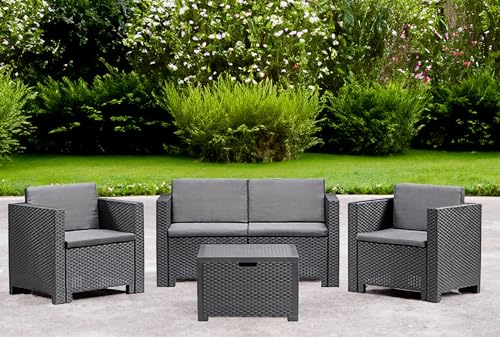 Dmora - Loungeset für draußen Kuiper, Outdoor-Lounge mit Couchtisch, Terrassenset mit Kissen, Gartenkomposition mit Sofa und Sesseln, Made in Italy, Anthrazit von Dmora