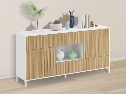 Dmora - Sideboard Wheaton, Wohnzimmer-Buffet mit 2 Türen und 2 Schubladen, Sideboard für Wohnzimmer, modernes Sideboard, 151x41h80 cm, Eiche und glänzendes Weiß von Dmora