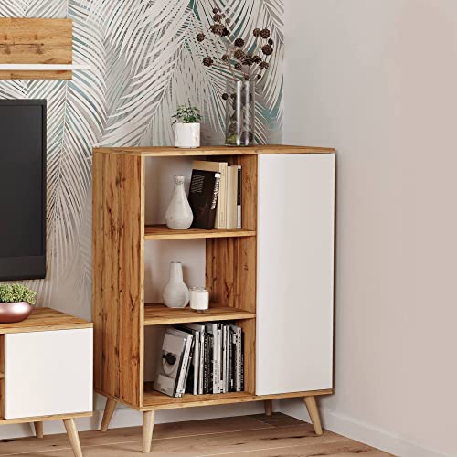 Dmora Sideboard mit 1 Tür und 2 Regalen, Buffet mit Füßen, Wohnzimmer-Sideboard im Scandi-Stil, Bücherregal mit Regalen, 40x90h116 cm, Farbe Weiß und Ahorn von Dmora