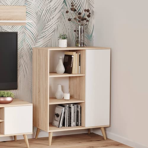 Dmora Sideboard mit 1 Tür und 2 Regalen, Buffet mit Füßen, Wohnzimmer-Sideboard im Scandi-Stil, Bücherregal mit Regalen, 40x90h116 cm, Farbe Weiß und Eiche von Dmora