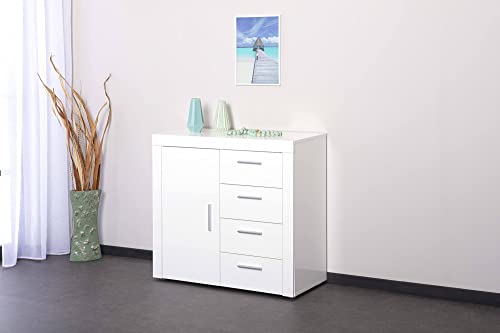 Dmora Sideboard mit 1 Tür und 4 Schubladen, weiß glänzend, 94x40x86 cm von Dmora