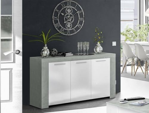 Dmora - Bellevue-Sideboard, Wohnzimmer-Buffet, TV-Schrank, Sideboard für Wohnzimmer, moderner Kleiderschrank mit 3 Türen, 144 x 42 x 80 cm, Zement und Weiß Dmora - Bellevue-Sideboard, Wohnzimmer-Buffet, TV-Schrank, Sideboard für Wohnzimmer, moderner Kleiderschrank mit 3 Türen, 144 x 42 x 80 cm, Zement und Weiß von Dmora