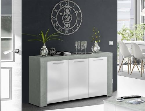 Dmora - Anrichte Bellevue, Modernes Sideboard mit 3 Türen, Buffet im Wohnzimmer, Fernsehschrank, Sideboard für Wohnzimmer, cm 144x42h80, Beton und Weiß von Dmora