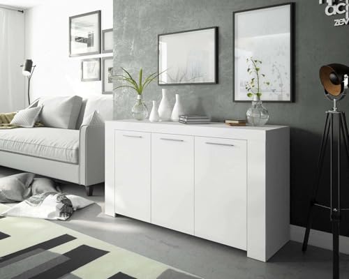 Dmora - Bellevue Sideboard, Wohnzimmer-Buffet, TV-Schrank, Sideboard für Wohnzimmer, Moderner Kleiderschrank mit 3 Türen, 144x42h80 cm, Weiß von Dmora