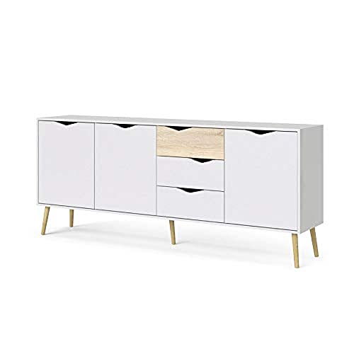 Dmora Sideboard mit drei Türen und drei Schubladen, Weiß und Eiche, Maße 195 x 81 x 39 cm von Dmora