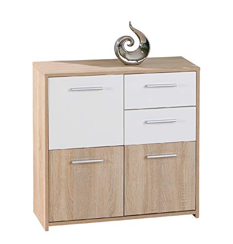 Dmora Sideboard mit drei Türen und zwei Schubladen, Weiß und Eiche, Maße 77 x 77 x 30 cm von Dmora