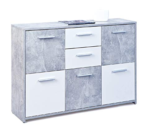 Dmora Sideboard mit fünf Türen und zwei Schubladen im Mittelteil, Farbe Weiß und Beton, Maße 115 x 77 x 30 cm von Dmora