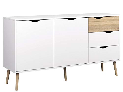 Dmora Sideboard mit zwei Türen und drei Schubladen, Weiß und Eiche, Maße 147 x 81 x 39 cm von Dmora