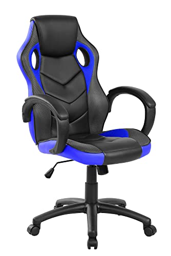 Dmora Caloundra, Gaming-Stuhl für Erwachsene, Schreibtischstuhl, cm 66x61h104/114, Schwarz und Blau, Polyurethan von Dmora