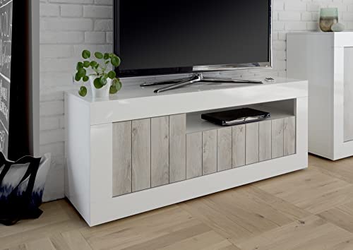 Dmora TV-Möbel, Made in Italy, Sideboard für Wohnzimmer-TV mit 3 Türen und Regalen, cm 138x56h42, glänzend weiß und betonfarben von Dmora