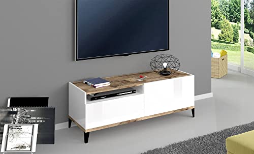 Dmora TV-Möbel für Wohnzimmer, Made in Italy, TV-Möbel mit 1 Tür und 1 Schublade, Cm 120x40h47, Weiß glänzend und Ahorn von Dmora