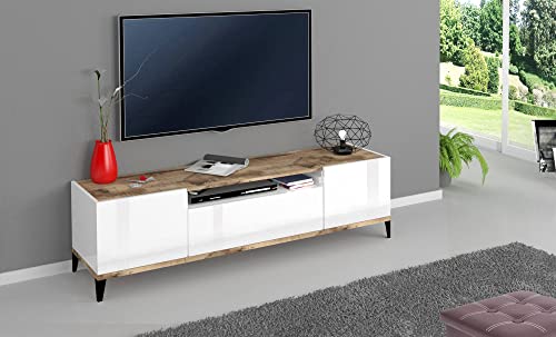 Dmora TV-Möbel für Wohnzimmer, Made in Italy, TV-Möbel mit 2 Türen und 1 Schublade, Cm 160x40h47, Weiß glänzend und Ahorn von Dmora