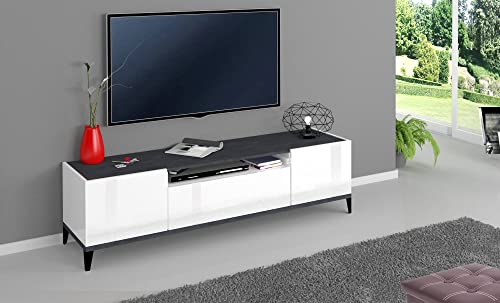 Dmora TV-Möbel für Wohnzimmer, Made in Italy, TV-Möbel mit 2 Türen und 1 Schublade, cm 160x40h47, glänzend weiß und Schiefer von Dmora